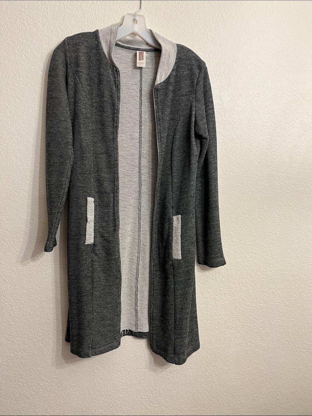 Freeloader Charcoal Gray Open-Front Trench Cardigan with Light Gray Trim